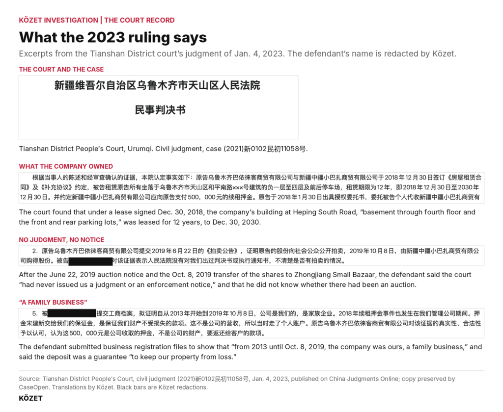 Four excerpts from a Chinese court judgment, with the defendant's name blacked out, each followed by an English summary: the court and case number, the lease of the building and its front and rear parking lots, the defendant's statement that no judgment or enforcement notice was issued, and his statement that the company was a family business.
