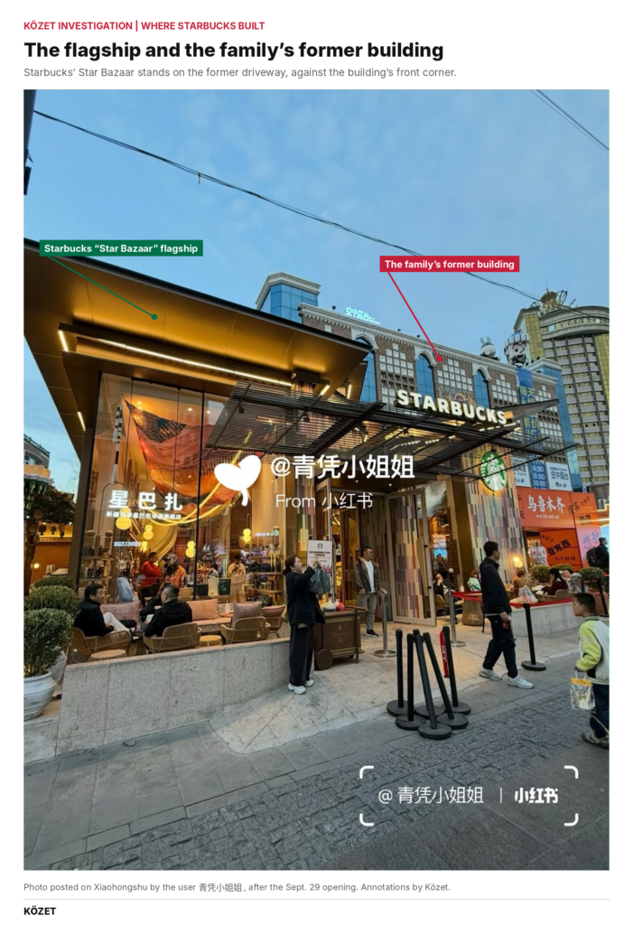 A Starbucks store with a wide, overhanging roof stands directly against a tall brown-brick building with arched windows, on a pedestrian street in Urumqi.