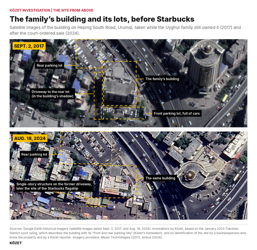 Two satellite views of the same building. In 2017, cars fill parking lots in front of and behind it. In 2024, a small single-story structure sits at the building's front corner, on the former driveway.